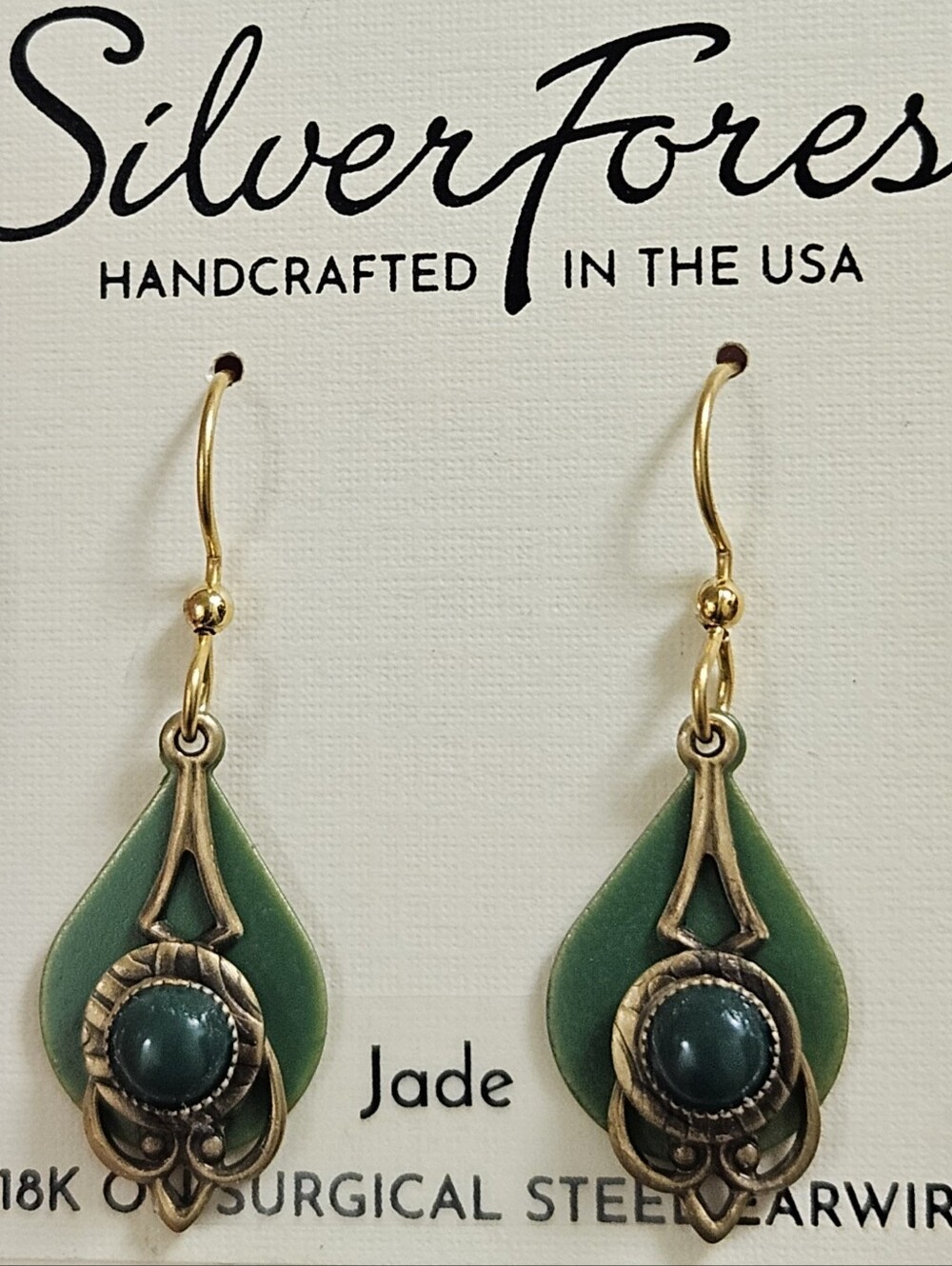 SILVER FOREST GREEN JADE LAYERED 18K SURGICAL STEEL GOLD TONE PEACOCK EARRINGS